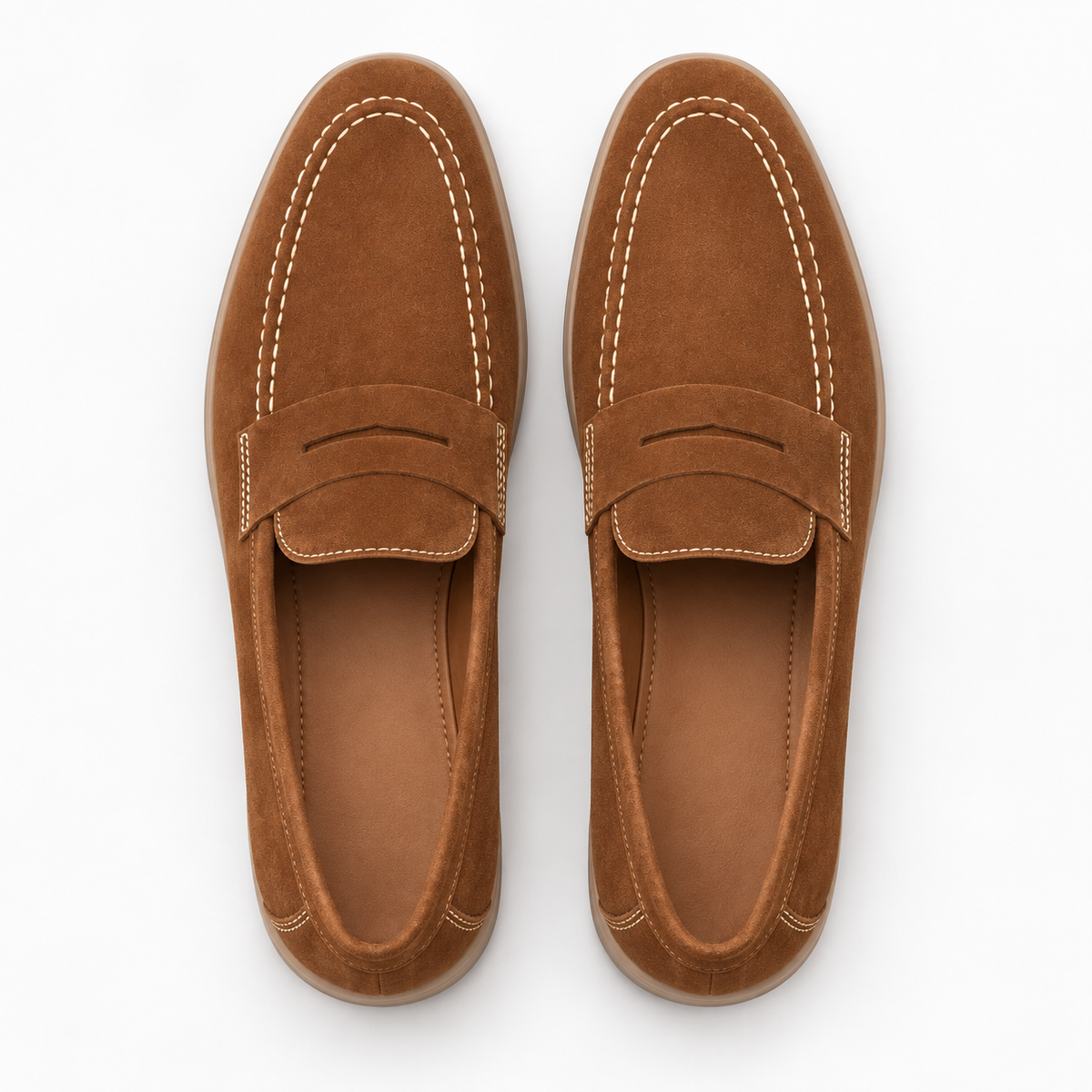 Brown Suede White Stitch Loafers