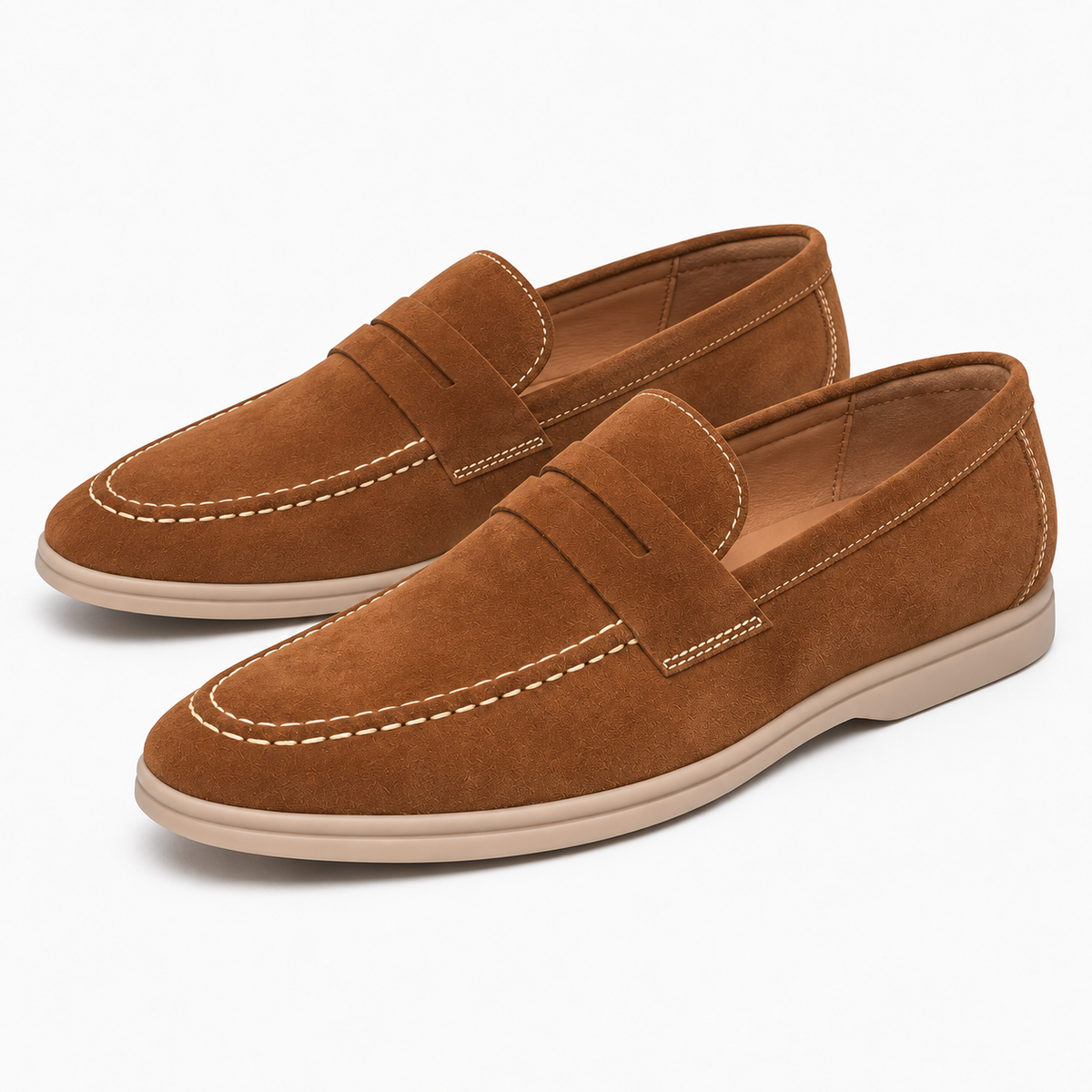Brown Suede White Stitch Loafers