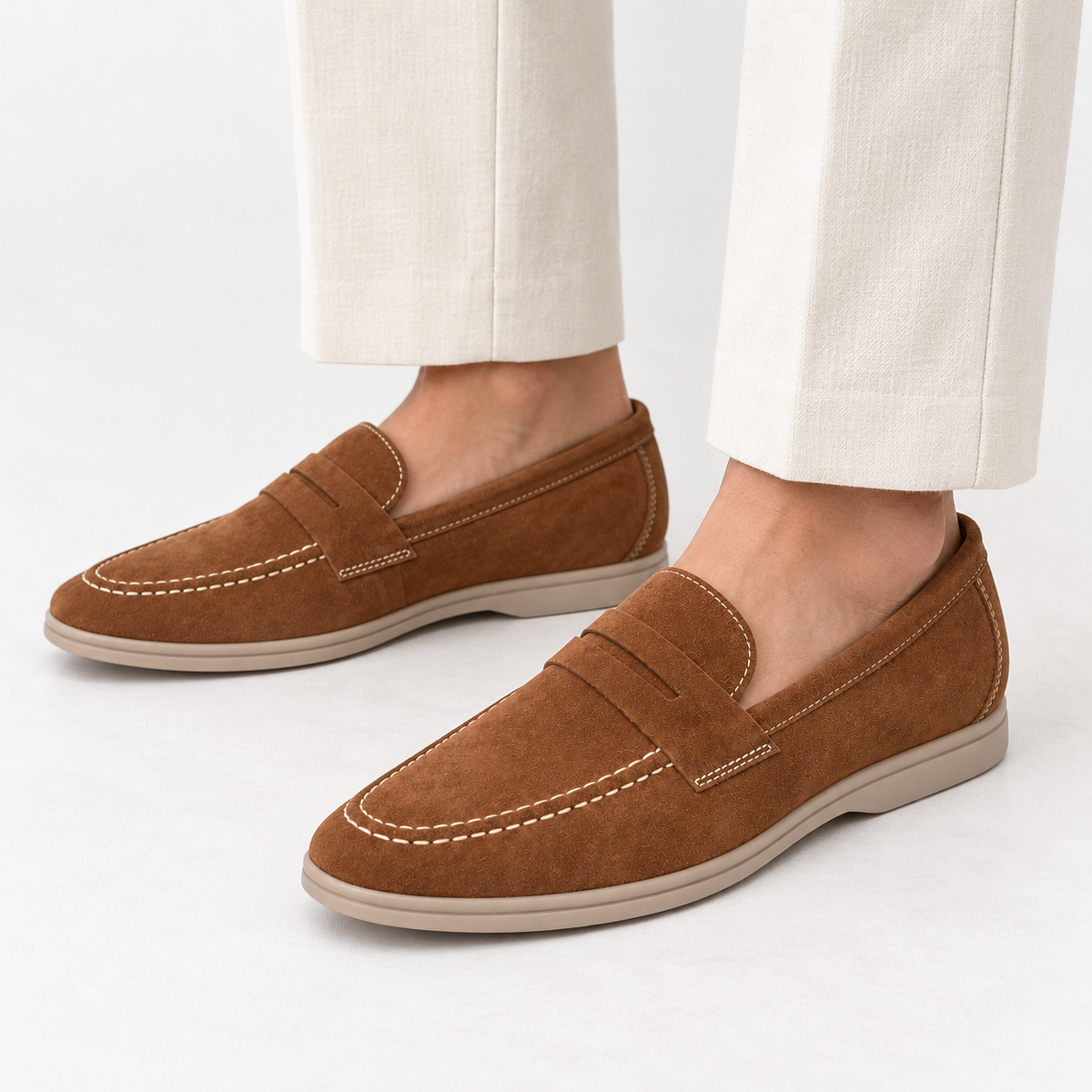Brown Suede White Stitch Loafers