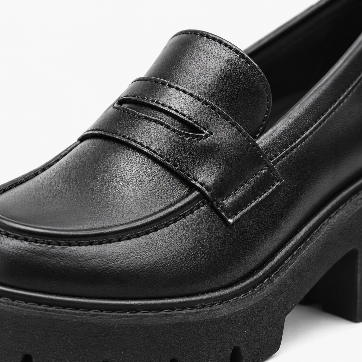 Women's Black Genuine Leather Platform Loafers with Chunky Sole