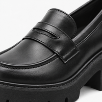 Women's Black Genuine Leather Platform Loafers with Chunky Sole