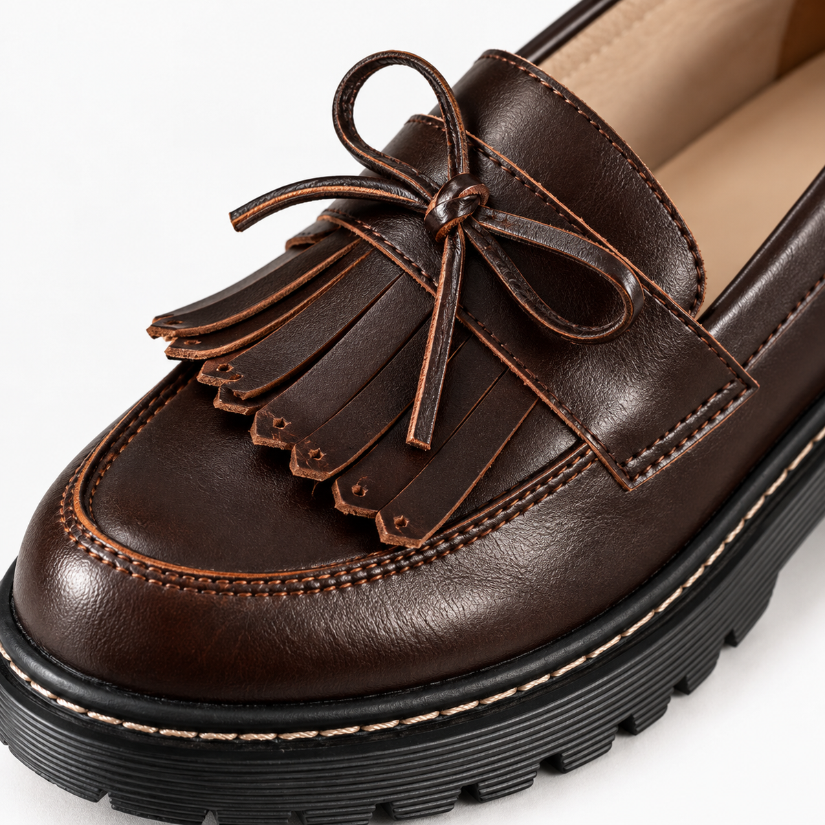 Brown Chunky Loafers Fringe Bow