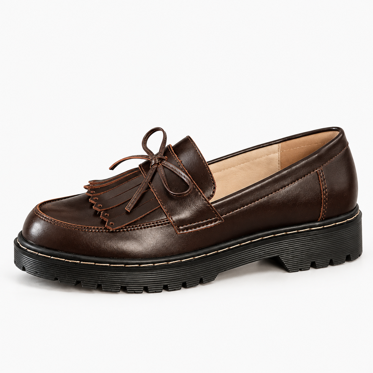 Brown Chunky Loafers Fringe Bow