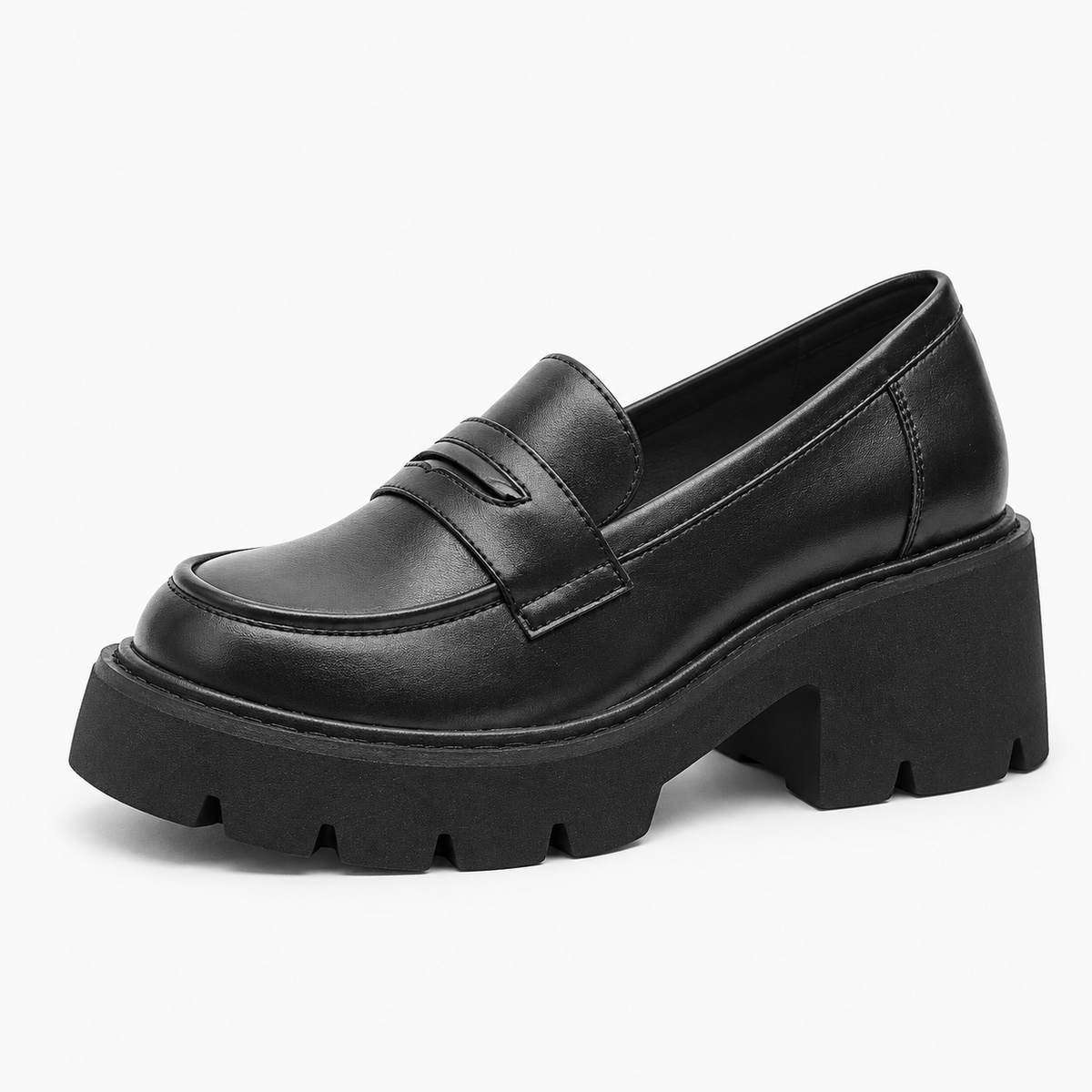 Women's Black Genuine Leather Platform Loafers with Chunky Sole