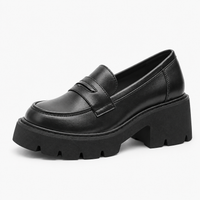 Women's Black Genuine Leather Platform Loafers with Chunky Sole