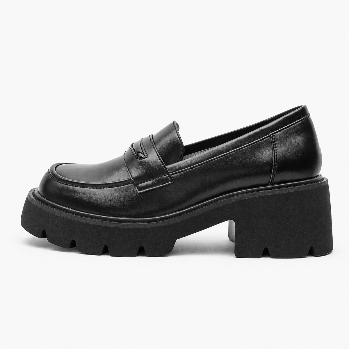 Women's Black Genuine Leather Platform Loafers with Chunky Sole