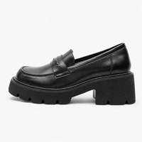 Women's Black Genuine Leather Platform Loafers with Chunky Sole