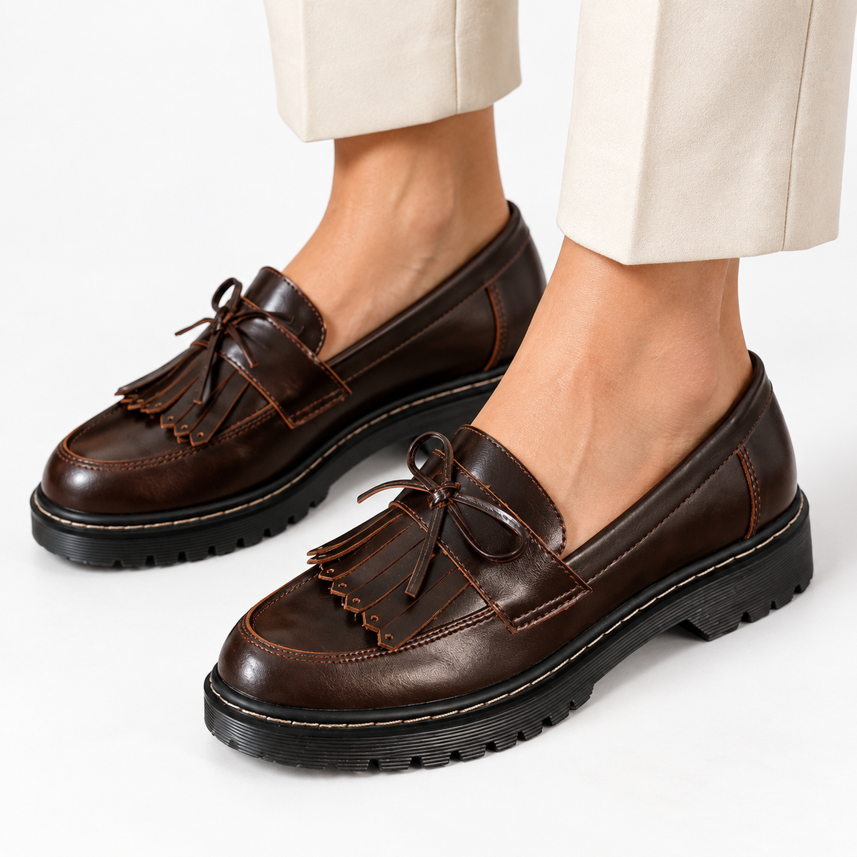 Brown Chunky Loafers Fringe Bow