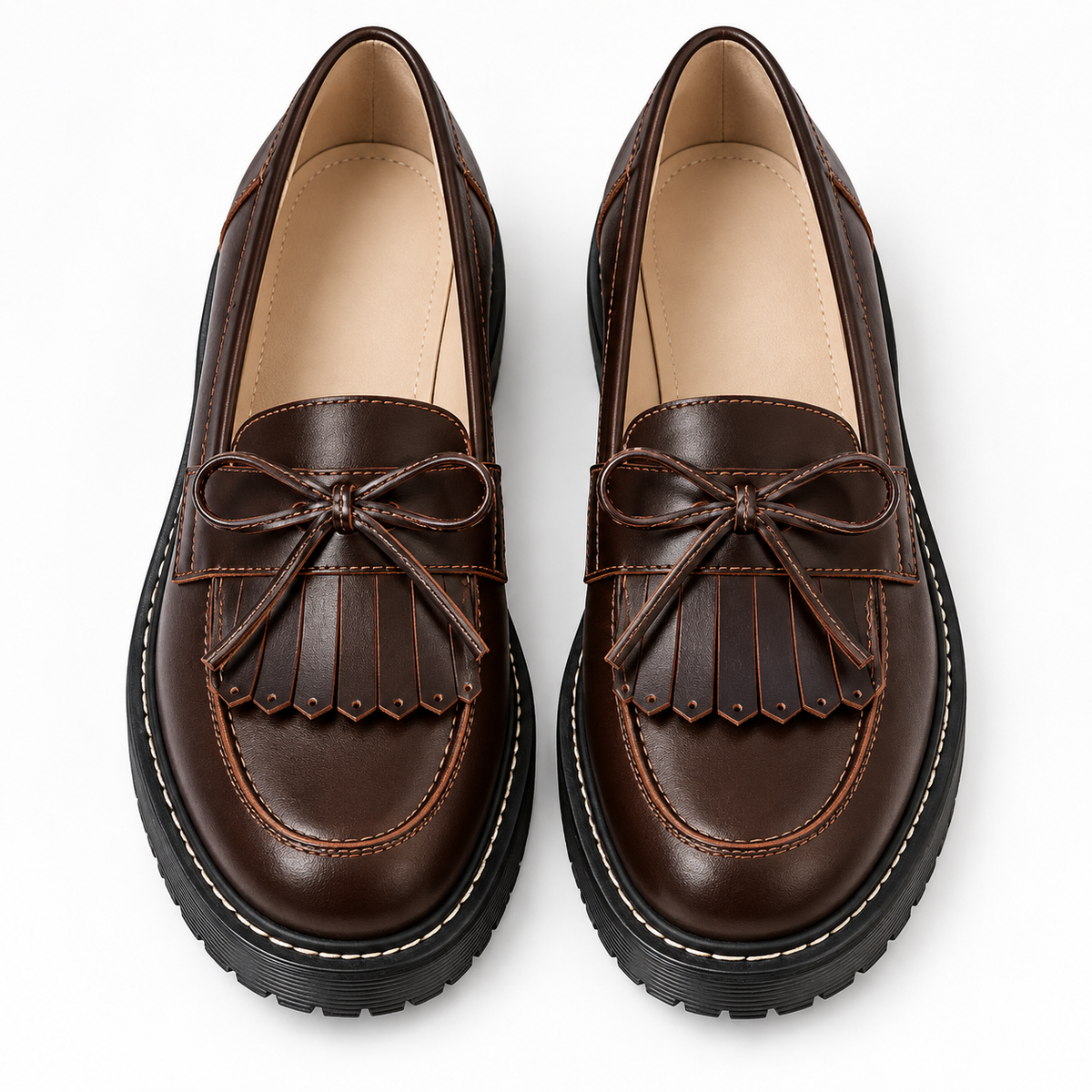 Brown Chunky Loafers Fringe Bow