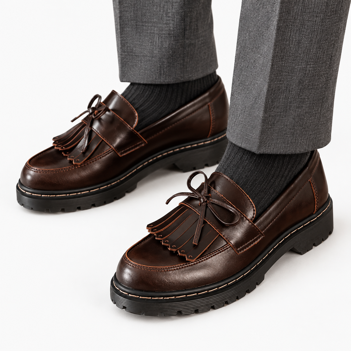 Brown Chunky Loafers Fringe Bow