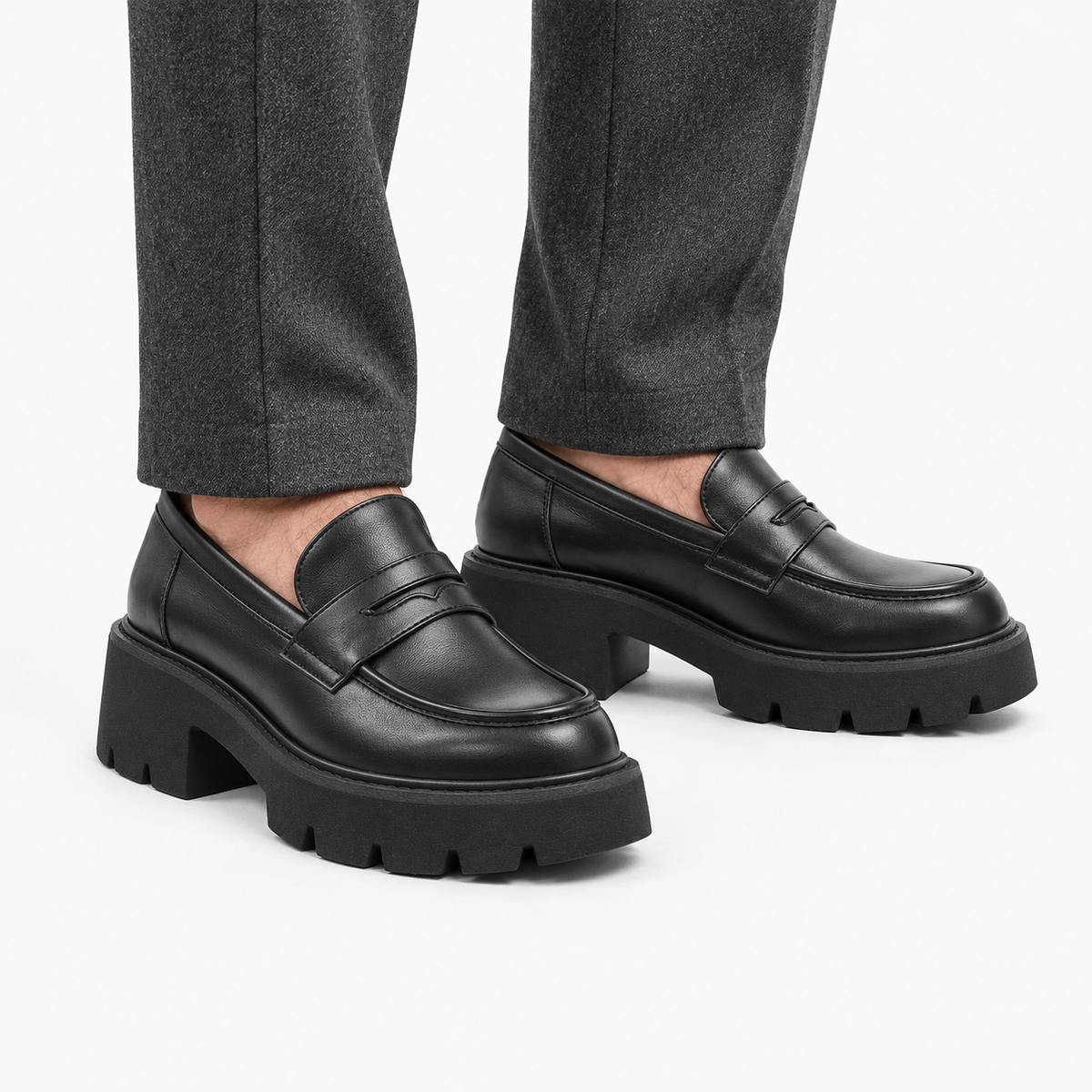 Women's Black Genuine Leather Platform Loafers with Chunky Sole