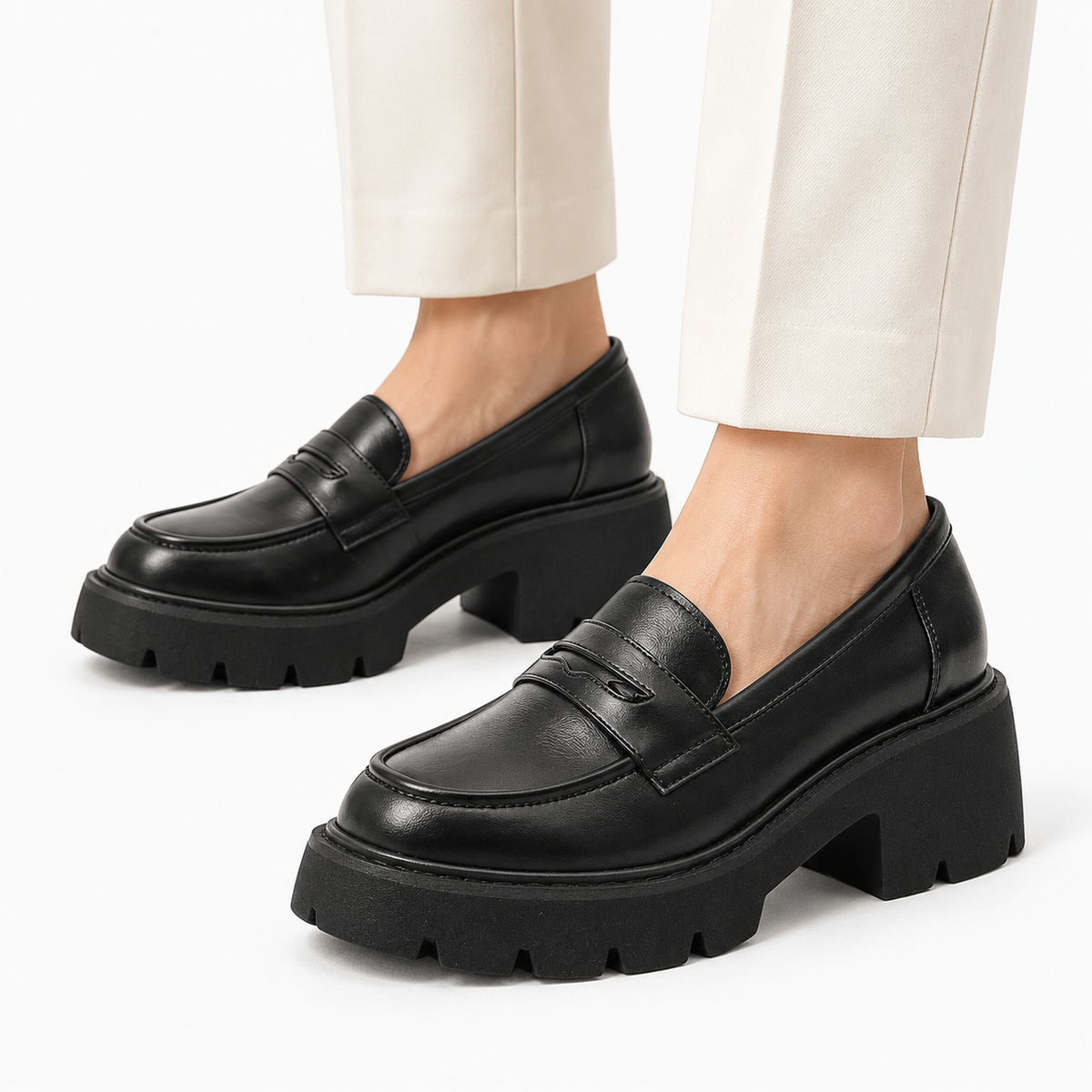 Women's Black Genuine Leather Platform Loafers with Chunky Sole