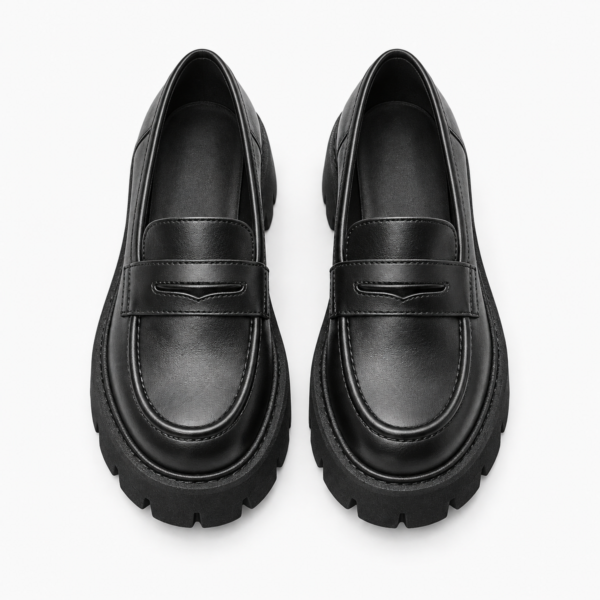 Women's Black Genuine Leather Platform Loafers with Chunky Sole