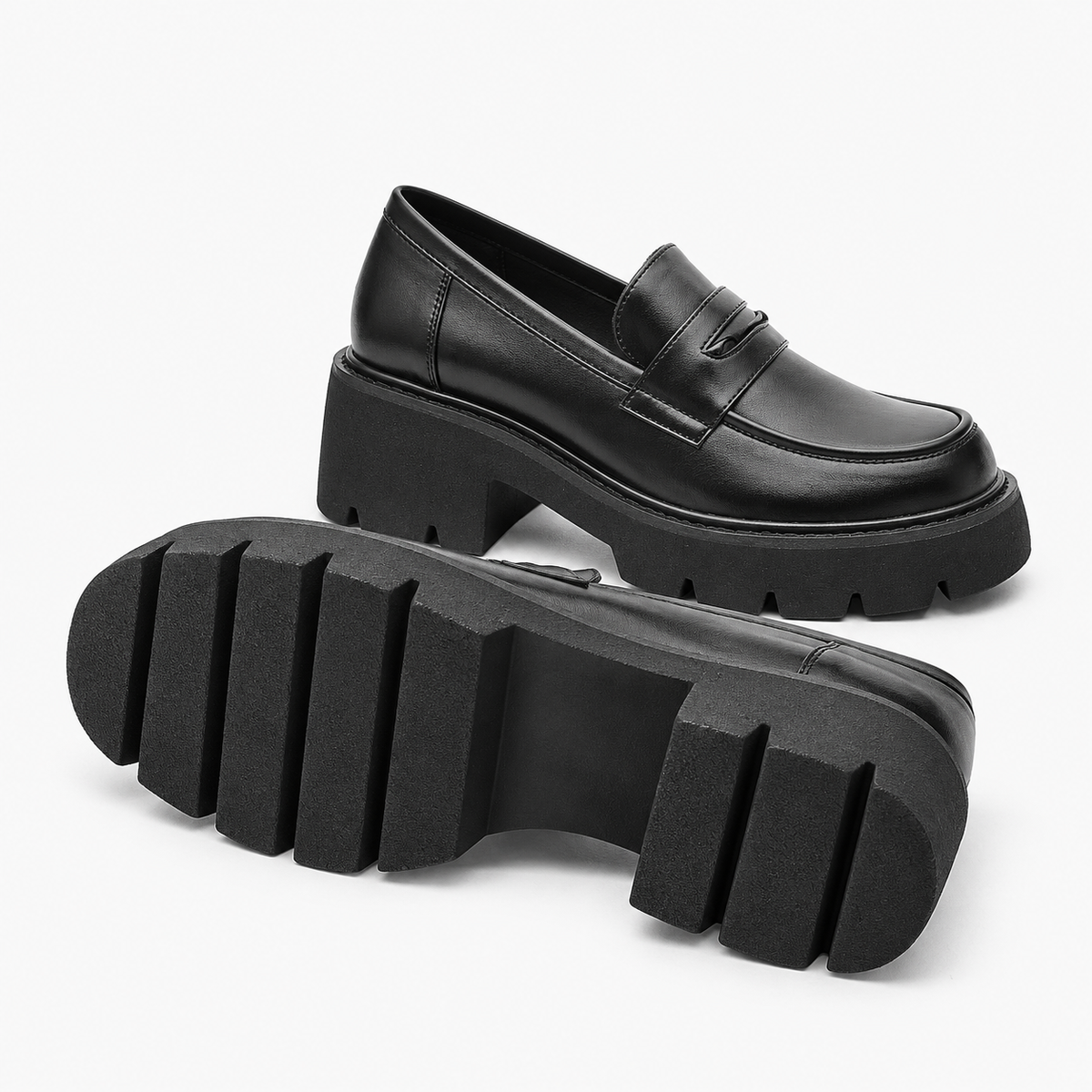 Women's Black Genuine Leather Platform Loafers with Chunky Sole
