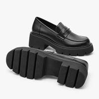 Women's Black Genuine Leather Platform Loafers with Chunky Sole