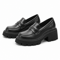 Women's Black Genuine Leather Platform Loafers with Chunky Sole