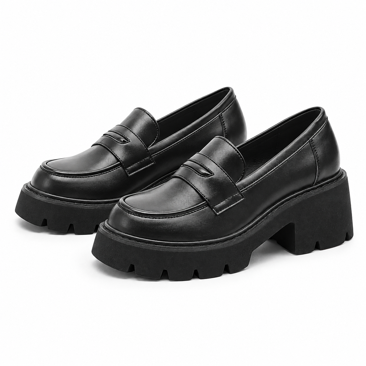 Women's Black Genuine Leather Platform Loafers with Chunky Sole