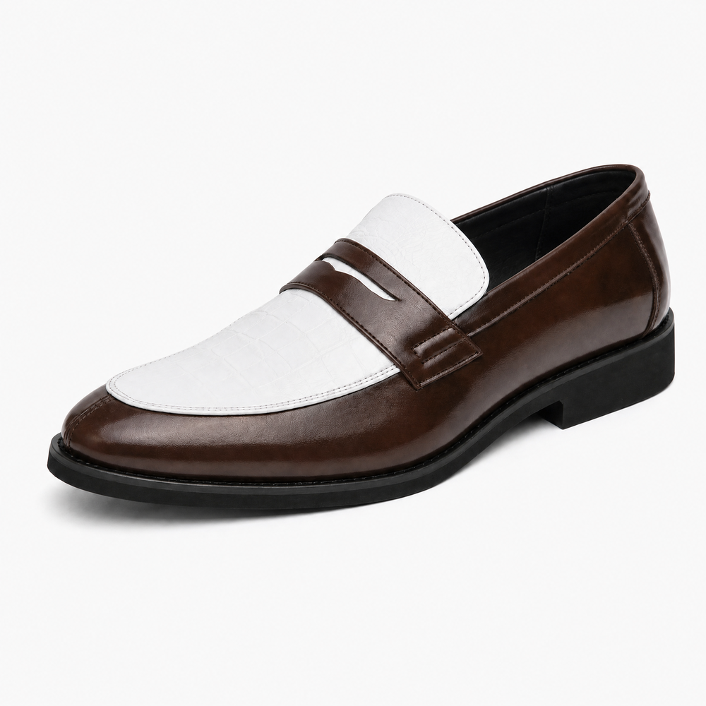 Men's Black & White Croc Pattern Mixed Leather Penny Loafers
