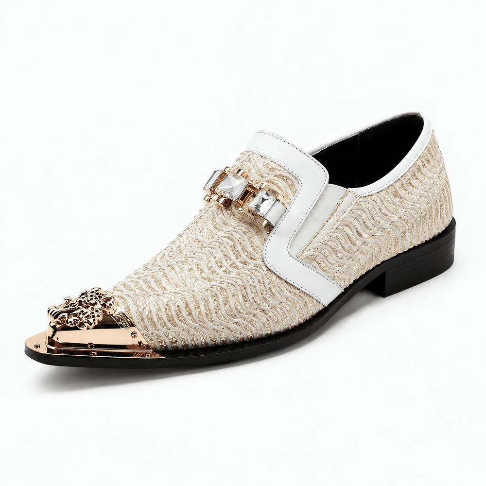 Gentry Morris Beige / 3 Men's Beige Woven Slip-On Loafers with Gold Toe Cap