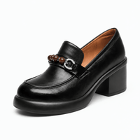 Gentry Morris Black / 2 Women's Black Leather Loafers with Chunky Heel and Beaded Buckle