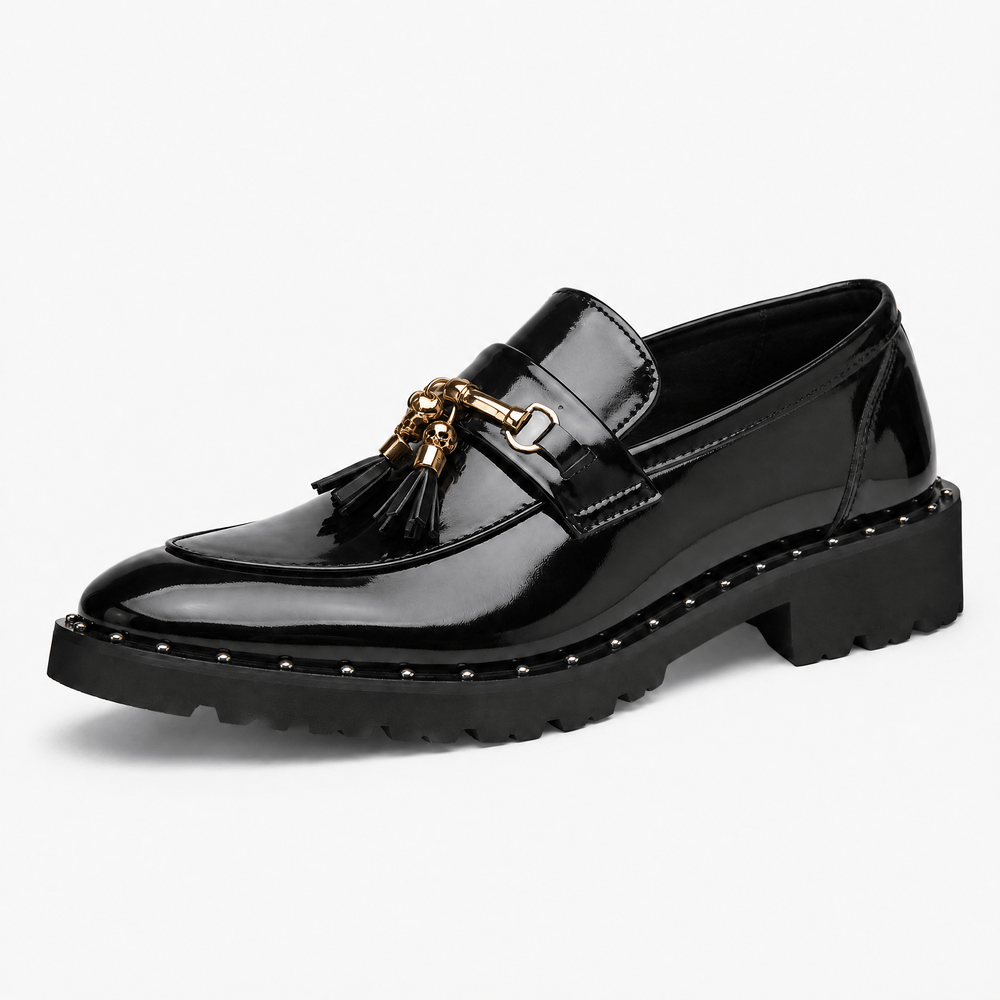 Gentry Morris Black / 5 Men's Black Patent Leather Tassel Loafers with Gold Skull Hardware
