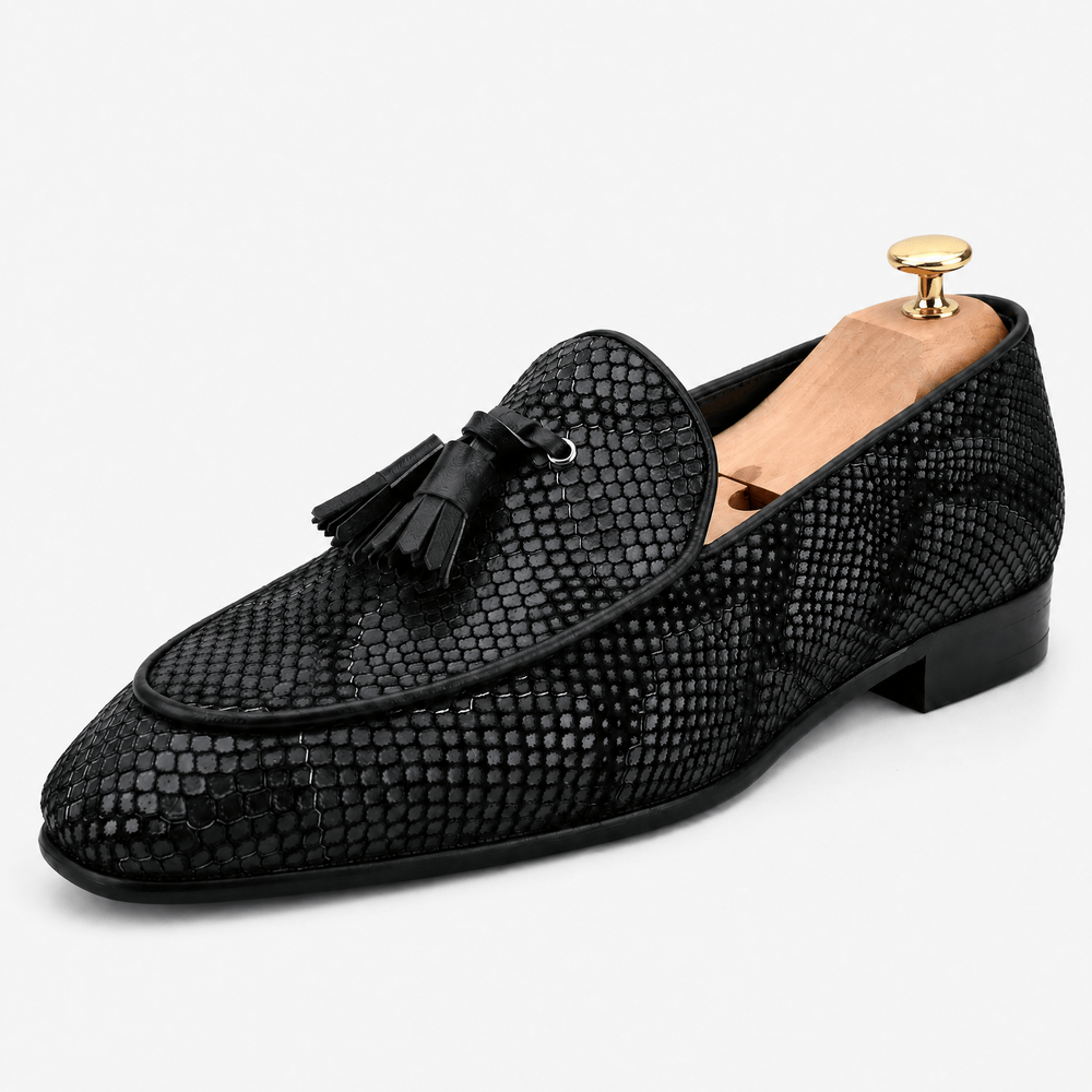 Gentry Morris Black / 5 Men's Navy Blue Embossed Leather Tassel Loafers