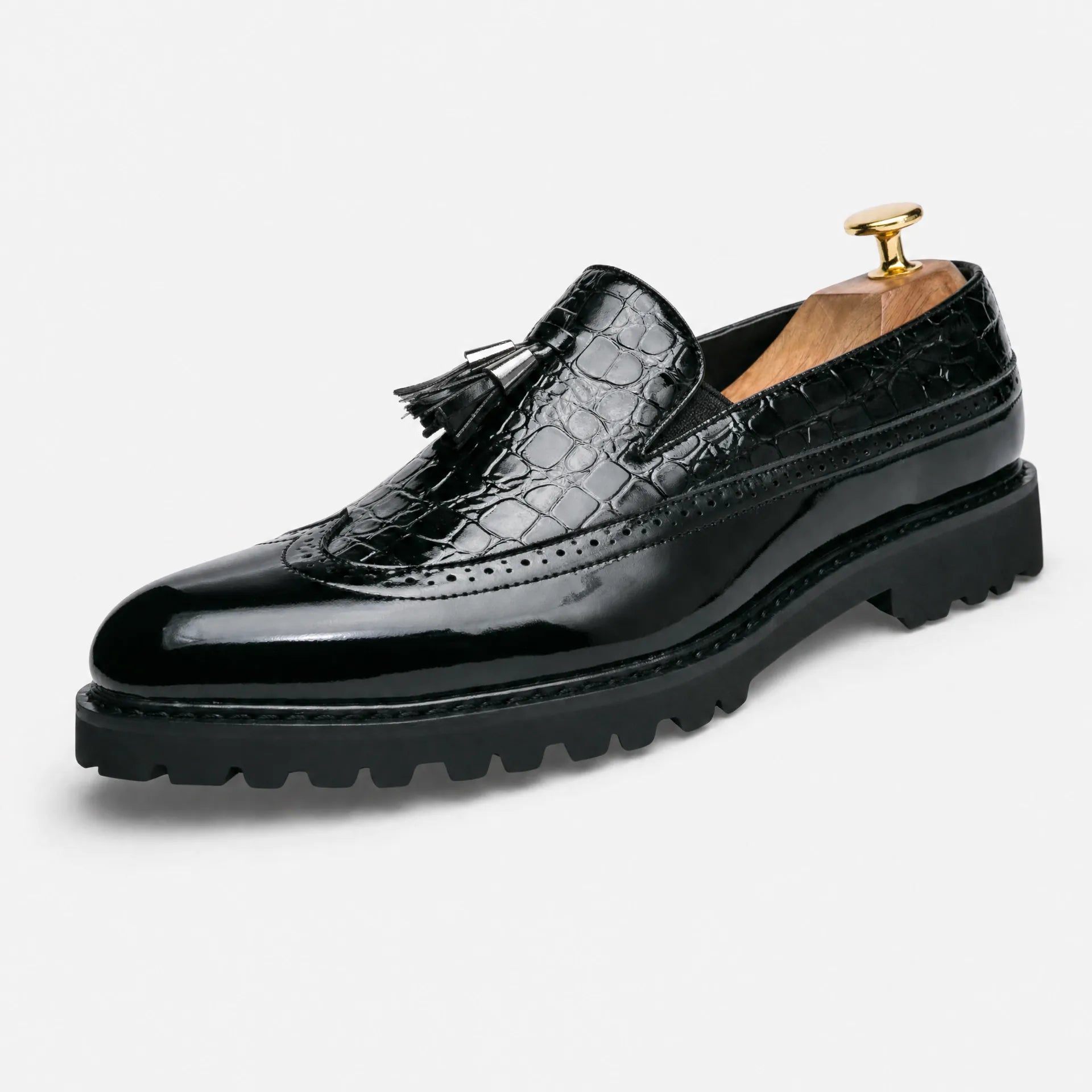 Gentry Morris Black / 5 Platform Tassel Loafers Crocodile Embossed