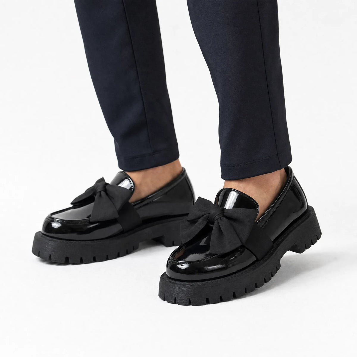Gentry Morris Black Bow Platform Loafers