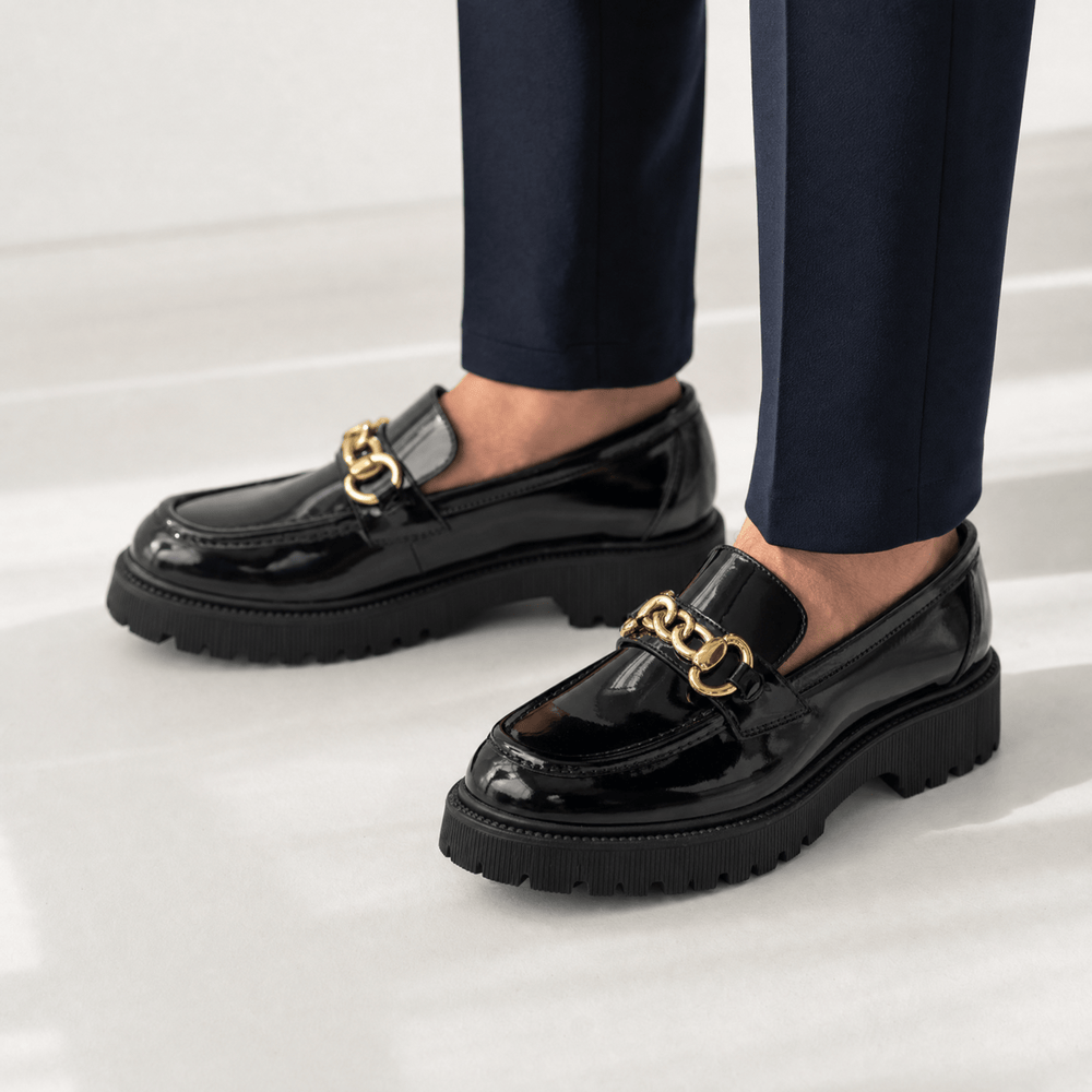 Gentry Morris Black Chunky Chain Platform Loafers