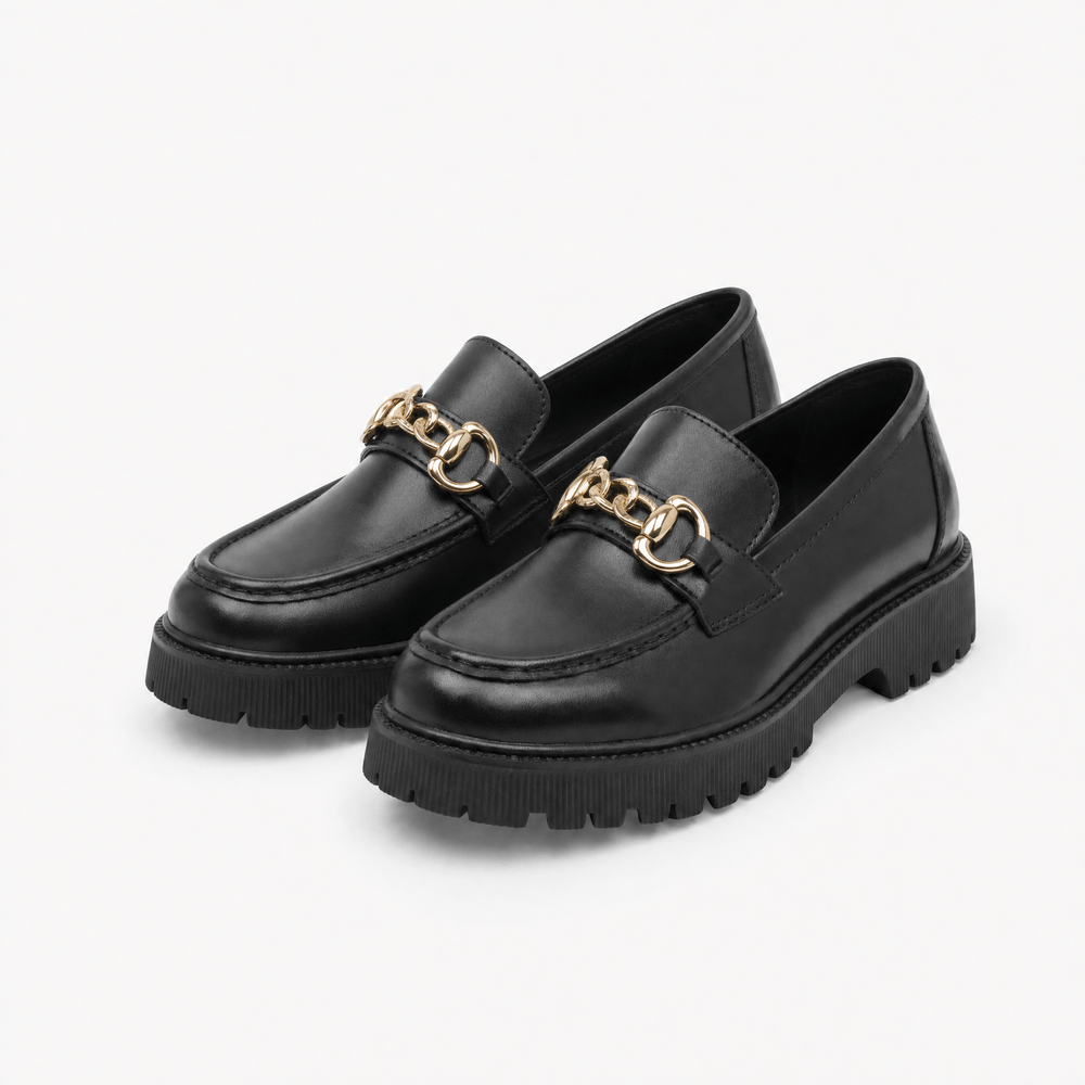 Gentry Morris Black Chunky Loafers Chain Detail