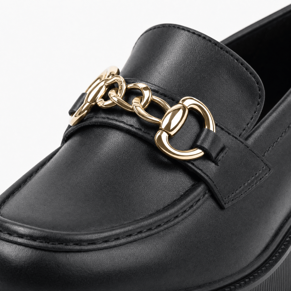 Gentry Morris Black Chunky Loafers Chain Detail