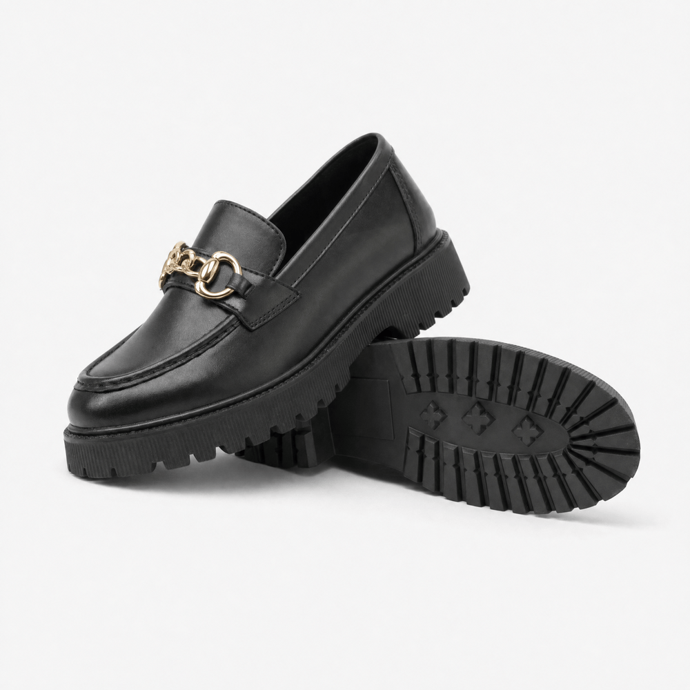 Gentry Morris Black Chunky Loafers Chain Detail