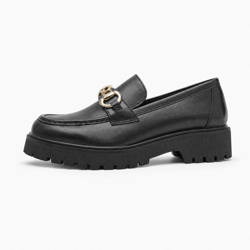 Gentry Morris Black Chunky Loafers Chain Detail