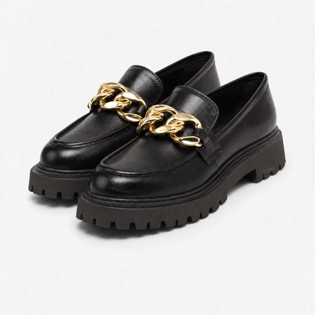 Gentry Morris Black Chunky Loafers Gold Chain