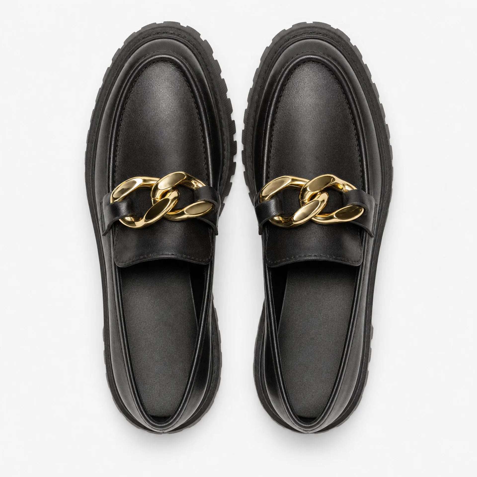 Gentry Morris Black Chunky Loafers Gold Chain