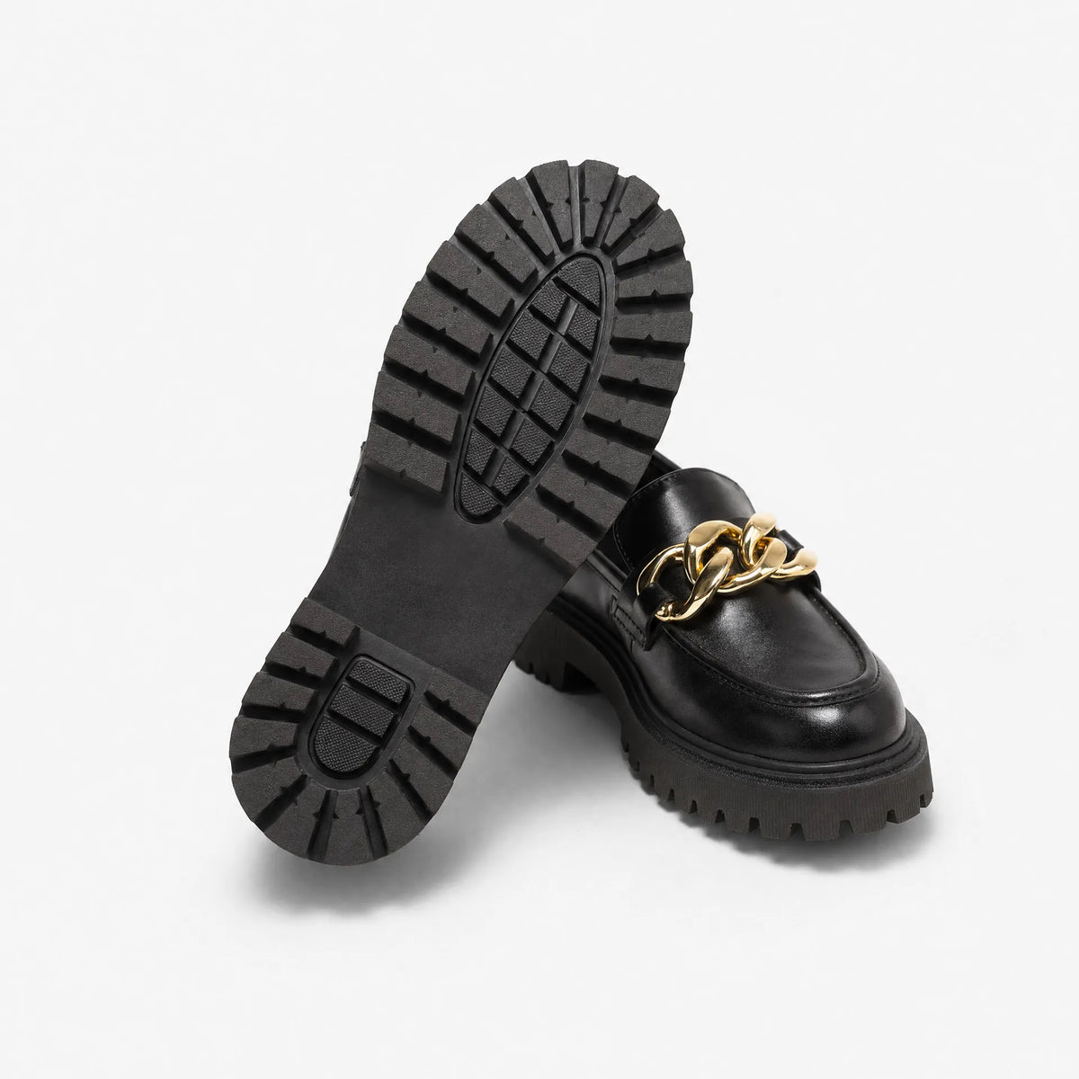 Gentry Morris Black Chunky Loafers Gold Chain
