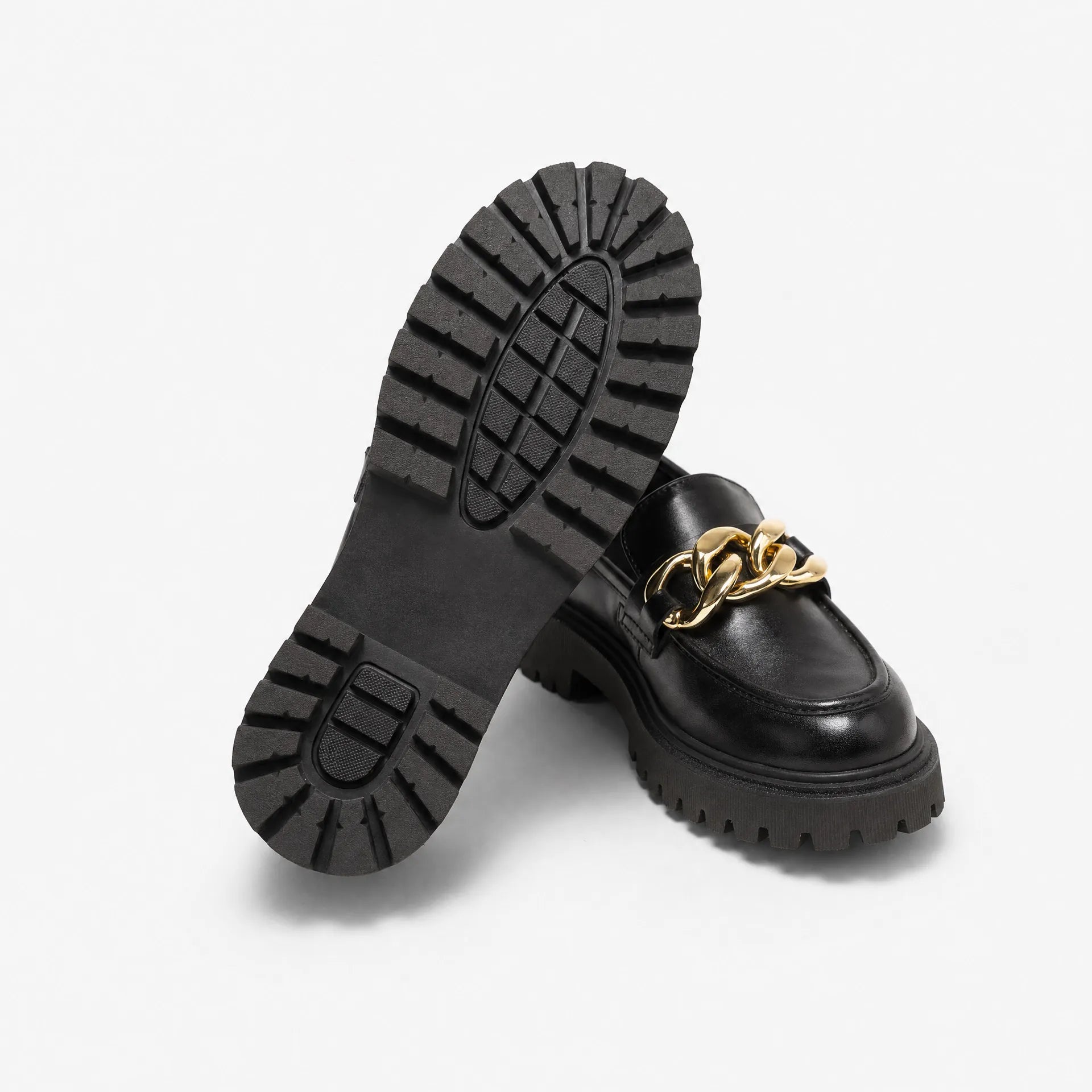 Gentry Morris Black Chunky Loafers Gold Chain