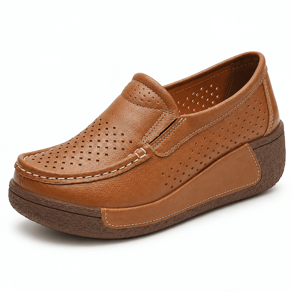 Gentry Morris Brown / 2 Women's Brown Genuine Leather Wedge Loafers, Round Toe Slip-On