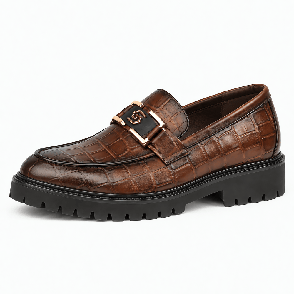 Gentry Morris Brown / 5 Men's Brown Crocodile-Embossed Patent Leather Platform Loafers