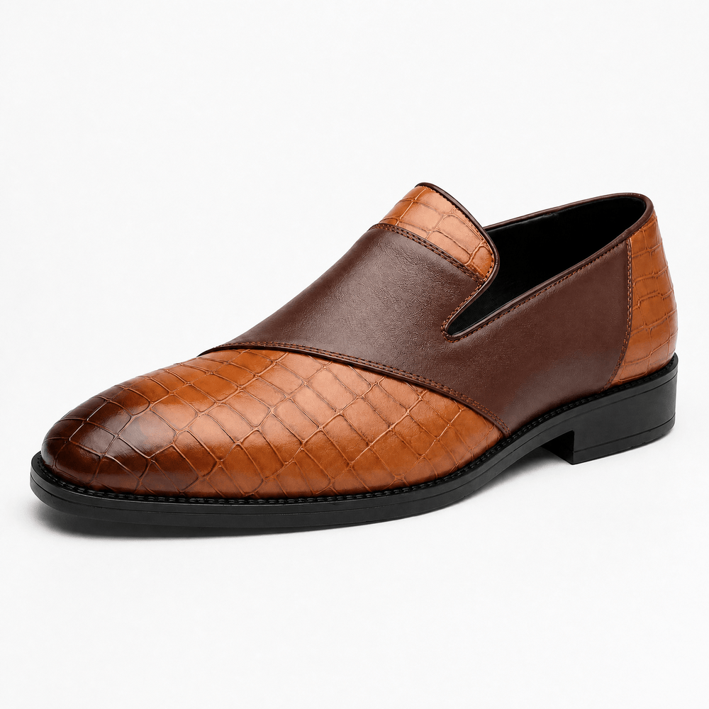 Gentry Morris Brown / 5 Men's Brown Tan Crocodile-Embossed Leather Slip-On Loafers