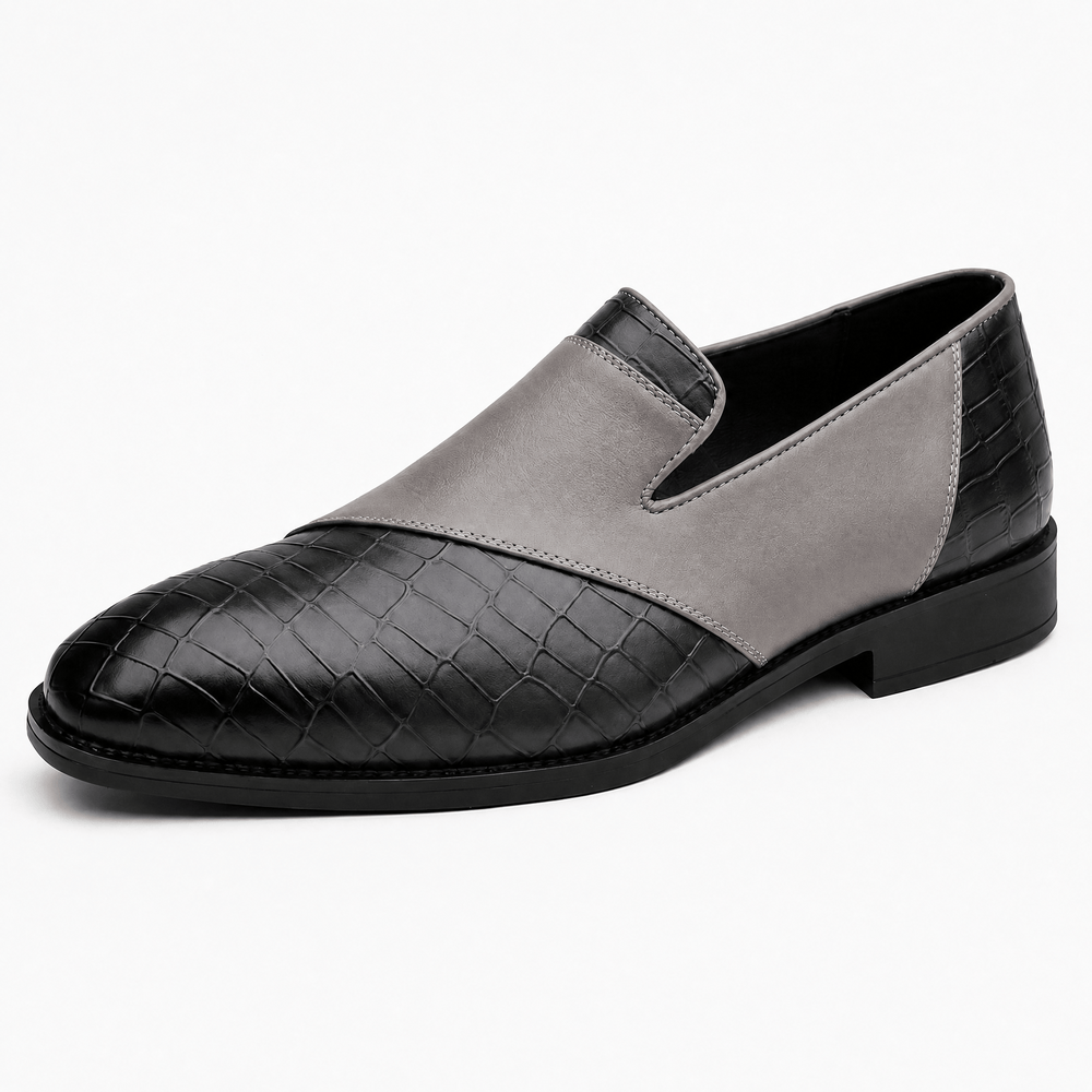 Gentry Morris Grey / 5 Men's Grey & Black Crocodile-Embossed Leather Slip-On Loafers