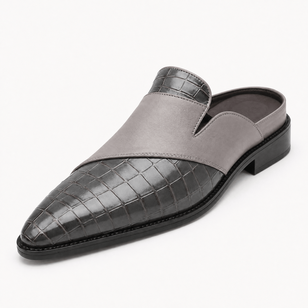 Gentry Morris Grey / 5 Men's Grey Croc-Embossed Backless Pointed Toe Loafers