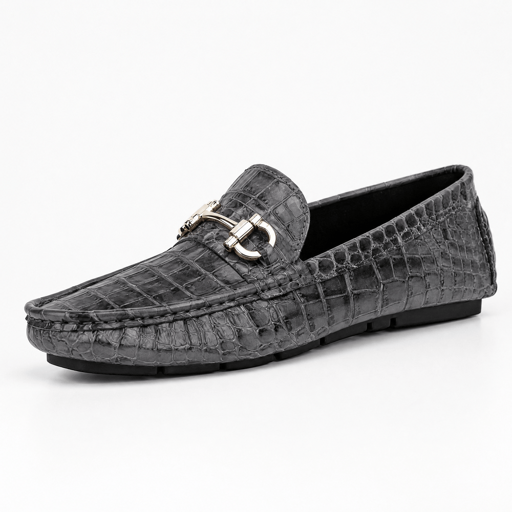 Gentry Morris Grey / 5 Men's Grey Patent Leather Croc Print Driving Loafers