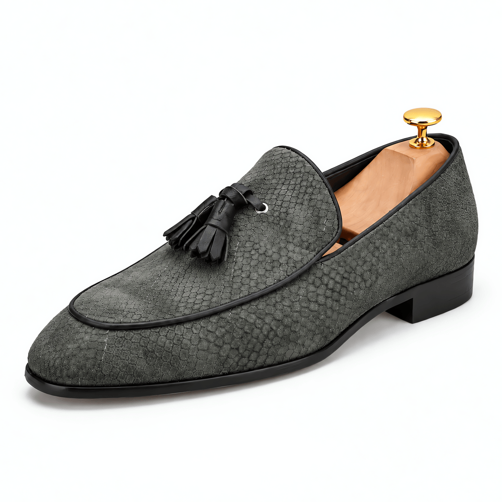Gentry Morris Khaki / 5 Men's Navy Blue Embossed Leather Tassel Loafers