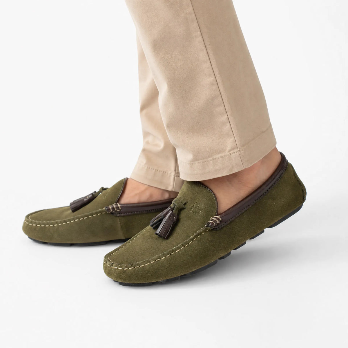 Gentry Morris Khaki Suede Tassel Driving Loafers