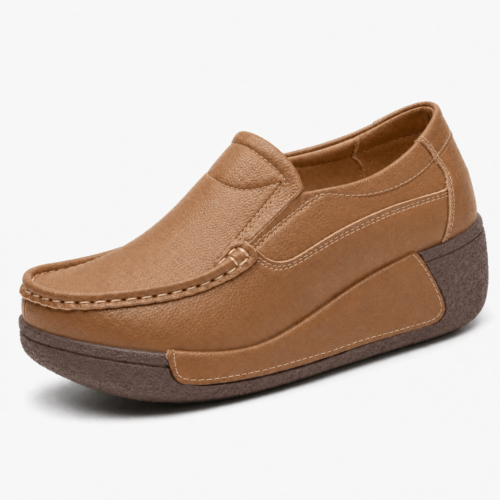 Gentry Morris Light Brown / 2 Women's Brown Genuine Leather Wedge Loafers, Round Toe Slip-On