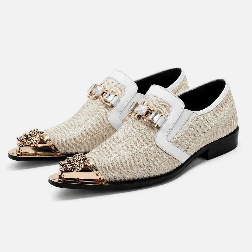 Gentry Morris Men's Beige Woven Slip-On Loafers with Gold Toe Cap