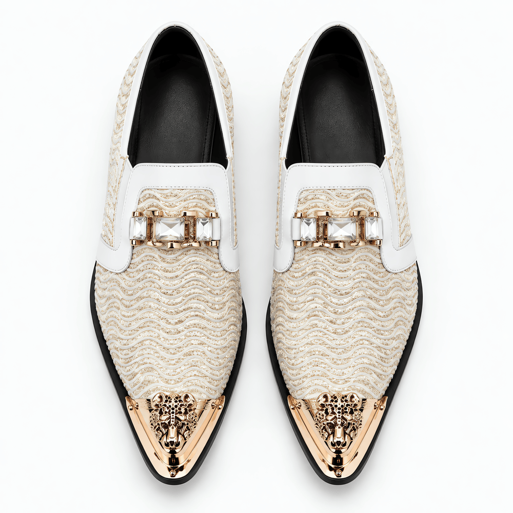 Gentry Morris Men's Beige Woven Slip-On Loafers with Gold Toe Cap