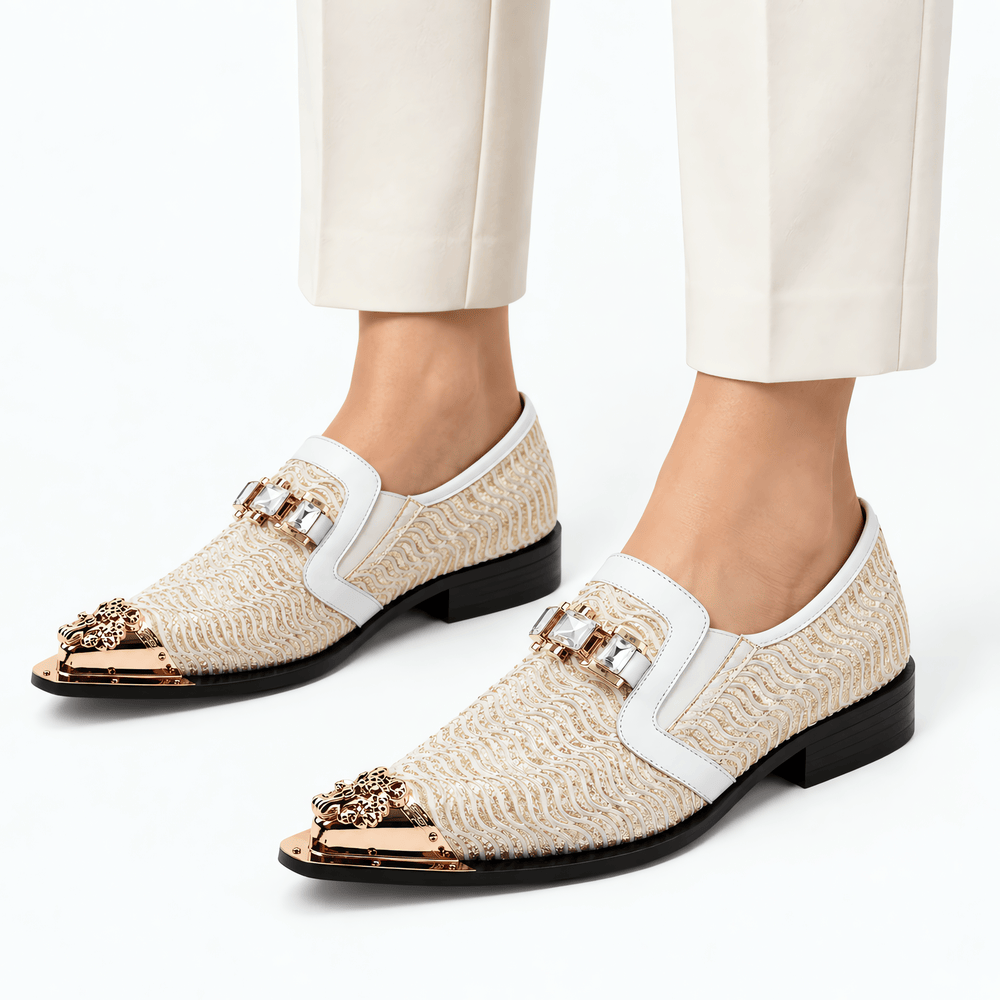 Gentry Morris Men's Beige Woven Slip-On Loafers with Gold Toe Cap