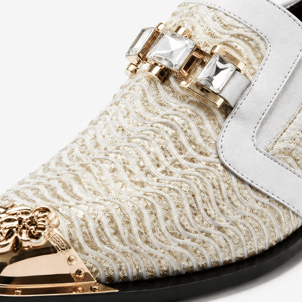 Gentry Morris Men's Beige Woven Slip-On Loafers with Gold Toe Cap